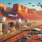 Generate a realistic, high definition image of the Arizona landscapes. The scene should include the beautiful natural sites of Arizona in conjunction with urban infrastructure. Show the juxtaposition of natural landforms with new-age technology indicating future urban air mobility. This might include modern, streamlined buildings with large landing pads or drone ports for air vehicles. Also incorporate flying vehicles of the future, resembling passenger drones or air taxis, set against the spectacular backdrop of orange-red canyons and clear blue skies.