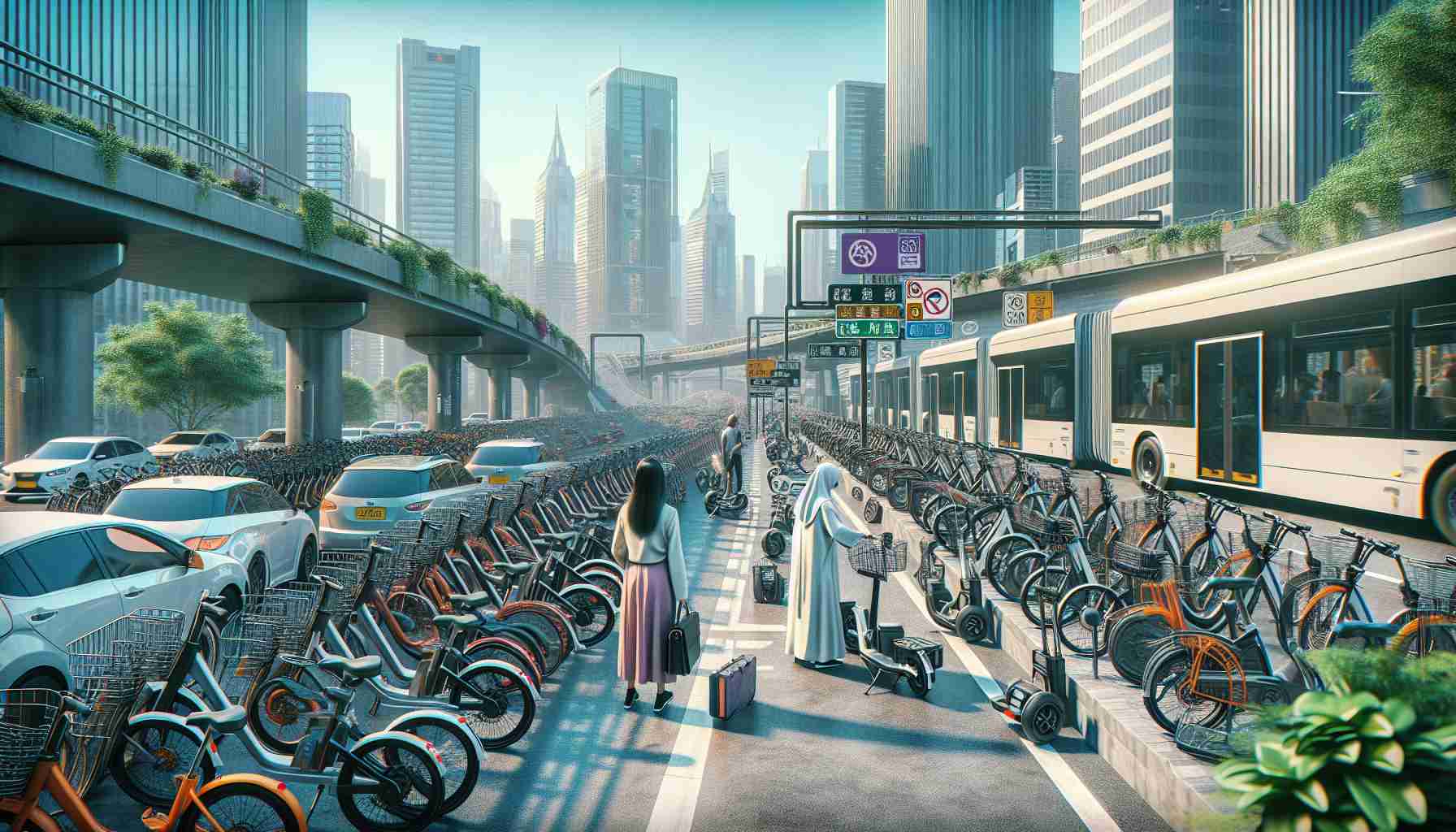 Generate a high-definition, realistic image depicting the challenges of e-bike parking in urban areas. The scene should include a busy street, with skyscrapers and various city elements. A multitude of parked e-bikes are on both sides of the sidewalk, showing a lack of space. Some e-bikes appear to be obstructing pedestrian paths. Various signage indicating restricted parking areas can also be seen. Show the diversity of city dwellers, including a South Asian woman in business attire unsuccessfully trying to park her e-bike and a Middle-Eastern man carefully navigating the cluttered sidewalk.