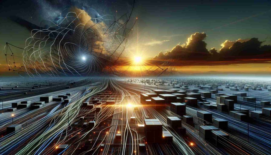 Generate a detailed image illustrating the concept of revolutionizing the technology landscape. Include a vast horizon with an emerging sun, symbolizing a new dawn for quantum innovations. Within the scene, present various elements of quantum computing such as tangled wires representing quantum entanglement and cubical shapes to depict quantum bits or 'qubits'. Make sure these elements merge with the landscape in a harmonious balance, reflecting the transformative potential of this next-level technology. Render this image in high definition with all elements appearing life-like and realistic.