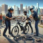 Create a hyper-realistic, high-definition image representing an electric bike crackdown in the city of Hoboken. The scene should show a diverse variety of people, including a black female police officer confiscating a high-tech electric bike from a Hispanic man. There should also be a gathering crowd of various descent watching the scene, a clear cityscape filled with conventional buildings and skyscrapers in the background under a clear daytime sky.