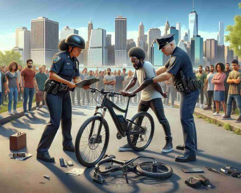 Create a hyper-realistic, high-definition image representing an electric bike crackdown in the city of Hoboken. The scene should show a diverse variety of people, including a black female police officer confiscating a high-tech electric bike from a Hispanic man. There should also be a gathering crowd of various descent watching the scene, a clear cityscape filled with conventional buildings and skyscrapers in the background under a clear daytime sky.