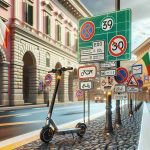 Realistic image of a hypothetical scene in Italy with marked road signs and rules specifically for e-scooters. Signs display new safety regulations including speed limit and designated lanes. Background shows typical Italian architecture enhancing the context. Try to capture this in a high-definition and photo-realistic style.