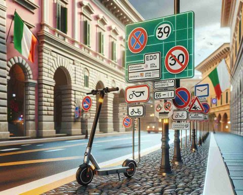 Realistic image of a hypothetical scene in Italy with marked road signs and rules specifically for e-scooters. Signs display new safety regulations including speed limit and designated lanes. Background shows typical Italian architecture enhancing the context. Try to capture this in a high-definition and photo-realistic style.