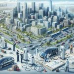 High-definition, realistic image depicting the growing concerns over the expansion of electric vehicle infrastructure in a metropolitan city. It includes various elements such as electric cars connected to charging stations, engineers studying blueprints, city dwellers expressing their worries. There is also a visual representation of the city's landscape with its roads, buildings, and the skyline in the backdrop, symbolizing the metropolis of Washington without any direct mention or recognizable landmarks. This image should capture the scene in a broad and metaphorical sense.