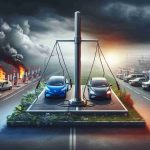 Realistic high-definition illustration showcasing the effect of the eradication of Electric Vehicle Tax Credit on the auto industry. This could visualise a metaphorical scale where one end represents the auto industry with tax credit (with environment-friendly electric vehicles, charging stations) and the other end without tax credit (more traditional gasoline cars, fuel stations). The atmosphere in both sides could evoke the respective consequences.