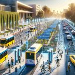 A high-definition, realistic photograph depicting the University of California, Los Angeles proactively leading sustainable transportation transformation. This could include visuals of efficient electric public transport vehicles, charging stations, eco-friendly bicycle lanes, solar-powered lights illuminating pathways, and students or faculty of different descents and genders actively participating in such activities. This image would symbolize an ongoing commitment towards environmental servitude, clean energy, and sustainable living.