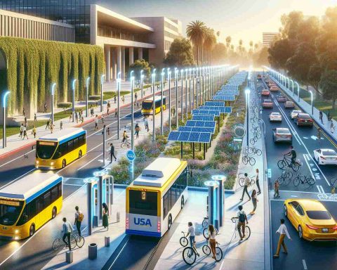 A high-definition, realistic photograph depicting the University of California, Los Angeles proactively leading sustainable transportation transformation. This could include visuals of efficient electric public transport vehicles, charging stations, eco-friendly bicycle lanes, solar-powered lights illuminating pathways, and students or faculty of different descents and genders actively participating in such activities. This image would symbolize an ongoing commitment towards environmental servitude, clean energy, and sustainable living.