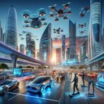 A high-definition, realistic illustration representing the future of personal transportation. Picture an ultra-modern cityscape at dusk, with brightly lit skyscrapers towering high into the twilight sky. In the foreground are various advanced personal transportation devices. Futuristic cars communicating with each other, sleek drones large enough to carry humans gliding above, nimble hoverboards weaving through traffic, and people wearing high-tech exoskeletons striding by. Each element hints at ideas of seamless connectivity, autonomous direction, and eco-conscious innovation. The general atmosphere one of excitement at the prospect of a rapidly approaching high-tech future.