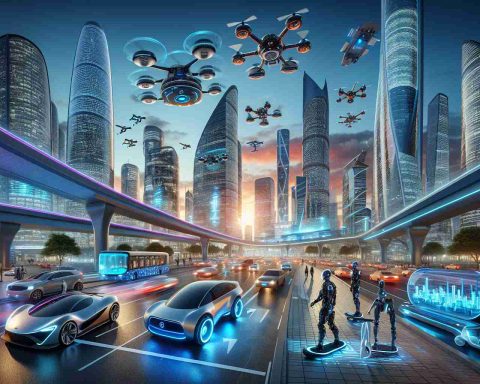 A high-definition, realistic illustration representing the future of personal transportation. Picture an ultra-modern cityscape at dusk, with brightly lit skyscrapers towering high into the twilight sky. In the foreground are various advanced personal transportation devices. Futuristic cars communicating with each other, sleek drones large enough to carry humans gliding above, nimble hoverboards weaving through traffic, and people wearing high-tech exoskeletons striding by. Each element hints at ideas of seamless connectivity, autonomous direction, and eco-conscious innovation. The general atmosphere one of excitement at the prospect of a rapidly approaching high-tech future.