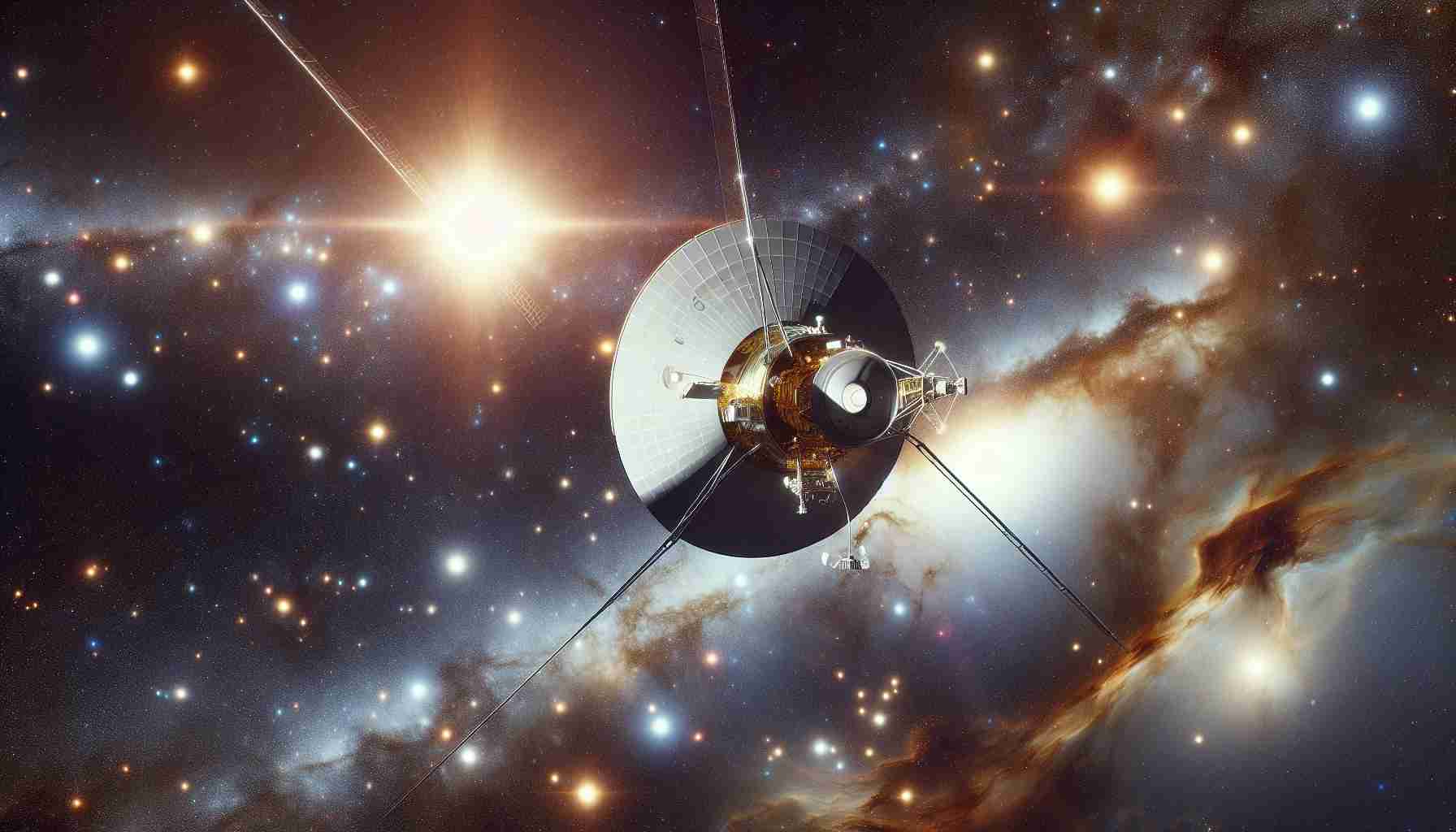 A hyper-realistic, high-definition image of the Voyager 1 spacecraft, mid-flight on its grand voyage through the vast cosmos. The spacecraft should be travelling amidst a backdrop of bright shining stars, nebulae, and distant galaxies, emphasizing its journey exploring the unknown depths of outer space.