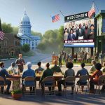 Create a realistic and detailed image portraying a scene in Wisconsin. Depict a meeting happening where a diverse group of people are present including Caucasian, Hispanic, Black, Middle-Eastern, and South Asian men and women. They are looking at a digital billboard or a large screen displaying the news of 'New Regulations for Electric Vehicle Owners'. Surroundings should include recognizable elements of a Wisconsin context, such as local architectural styles and nature. Please represent this in high definition.