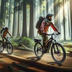 Generate a photo-realistic high-definition image exhibiting a scene of outdoor adventure where two enthusiasts energetically explore the wilderness using the modern marvel of technology, adventure E-bikes. In the picture, one is a Middle-Eastern male and the other a South Asian Female cyclist. They are traversing a challenging trail surrounded by dense, verdant forest full of tall, ancient trees. The bikes should be modern, well-equipped E-bikes designed for off-road terrain and clearly reflecting their electric nature in the design.