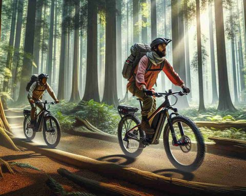 Generate a photo-realistic high-definition image exhibiting a scene of outdoor adventure where two enthusiasts energetically explore the wilderness using the modern marvel of technology, adventure E-bikes. In the picture, one is a Middle-Eastern male and the other a South Asian Female cyclist. They are traversing a challenging trail surrounded by dense, verdant forest full of tall, ancient trees. The bikes should be modern, well-equipped E-bikes designed for off-road terrain and clearly reflecting their electric nature in the design.