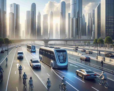 Create an ultra-high-definition, photorealistic image showcasing the future of urban transportation with autonomous buses. The scene should depict a cityscape during daytime, with wide roads, towering skyscrapers, cars, cyclists, and pedestrians coexisting harmoniously. A couple of autonomous buses, streamlined and contemporary in design, should be prominently featured. These buses are effortlessly navigating through the city, demonstrating how they are set to revolutionize transportation. Include visual indications of their autonomous nature, such as sensors or detailed dashboard interfaces.