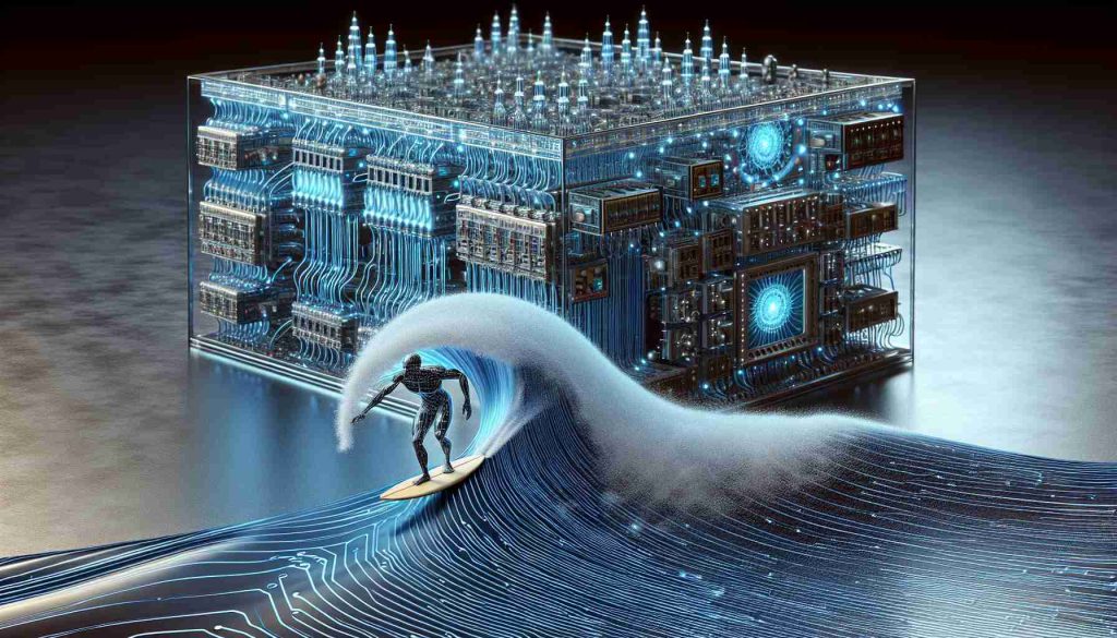 A high-definition, realistic image illustrating the theme 'Riding the Wave: Navigating the Quantum Technology Revolution'. On one side, depict an intricate tableau of futuristic quantum computers, with circuits forming a visual pattern resembling a waveform. On the other side, show a representative figure mounted on a surfboard navigating these waves, interpreted as a metaphor meaning to skillfully manage the ongoing technological revolution powered by quantum computing.