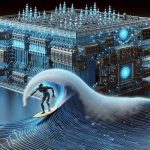 A high-definition, realistic image illustrating the theme 'Riding the Wave: Navigating the Quantum Technology Revolution'. On one side, depict an intricate tableau of futuristic quantum computers, with circuits forming a visual pattern resembling a waveform. On the other side, show a representative figure mounted on a surfboard navigating these waves, interpreted as a metaphor meaning to skillfully manage the ongoing technological revolution powered by quantum computing.