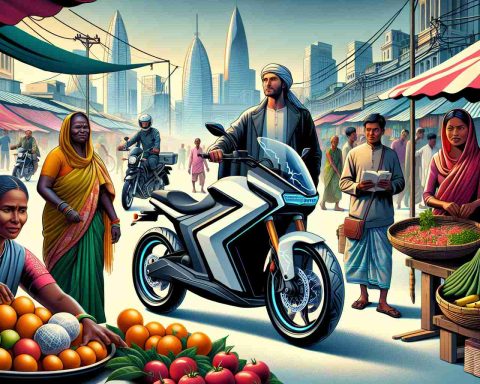 Visual illustration of revolutionary electric motorbikes being introduced into the Bangladeshi market. The image should highlight the unique and modern design features of the motorbike, capturing its sleekness and technological finesse. The background of the image should illustrate the diverse and vibrant Bangladeshi market scene where various vendors, including a middle-aged Black woman selling fruits and a young white man offering textiles, are conducting their businesses. Additionally, include customers from diverse descents showing curiosity and excitement towards the motorbikes.