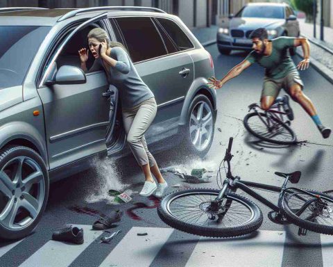 High-definition realistic photo of a female Caucasian driver in a state of panic, fleeing the scene in her car after a tragic collision with a male Hispanic bicyclist's vehicle. The scene shows signs of a quick escape with tire marks and a dropped bicycle hinting at the severity of the incident.