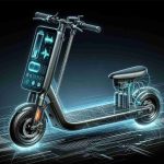 Generate a highly detailed, high-definition image of a brand new electric scooter. It should have a sleek, modern design indicative of advanced battery technology. The technology should be visible or integrated into the scooter. Maybe there could be some sort of digital display showing the battery stats, or special design elements that highlight the battery location.