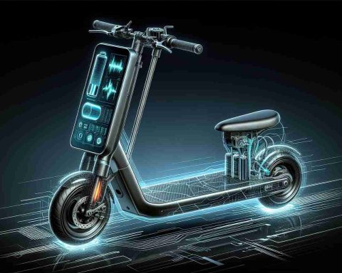 Generate a highly detailed, high-definition image of a brand new electric scooter. It should have a sleek, modern design indicative of advanced battery technology. The technology should be visible or integrated into the scooter. Maybe there could be some sort of digital display showing the battery stats, or special design elements that highlight the battery location.