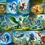 A high definition, realistic image of exciting encounters with mythical, cartoon-style creatures in the wild. These particular creatures are vibrant and diverse, each unique in their own aspect; some are feathered, others scaled, or covered in fur. Some display elemental abilities such as fire-breathing, water manipulating or electricity generating, while others are more physically robust or swift. They are seen in a range of environments, from lush forests to mysterious caves, from sparkling beaches to towering mountains, engaging in playful interactions, friendly battles, or gentle nurturing of their young.