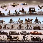 A high definition, realistic image displaying progressive advancements in the field of personal transportation. Envision the transition from early hand-drawn carts and horse-driven carriages, progressing to steam engines and then to the introduction of petrol engines. Show variations of bicycles transitioning to motorcycles. Then, illustrate the evolution of automobiles, starting with vintage models and progressing to present-day electric cars. Finally, visualize the future of personal transport with elements of flying cars and personal jet-packs.