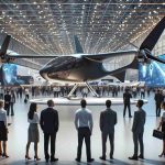 High definition image of a newly revealed flying vehicle characterized by revolutionary design and technology, displayed at an aerospace exhibition. The vehicle is sleek and modern, showcasing the cutting-edge advancements in aeronautics. The exhibition floor is filled with intrigued visitors of different ages and professions. A Caucasian male engineer, a Hispanic female scientist, a Black male pilot, and a Middle Eastern female aviation expert are among those scrutinizing the exhibit, each from their unique perspectives.