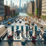 A high-definition, realistic image of an electric bicycle recharging station located in New York City. There are multiple e-bikes being charged simultaneously, reflecting a dedication to safety and efficiency in local transport. Around this station, you can see delivery workers of various descents such as Caucasian, Hispanic, Black, and South Asian donning their safety gear after a long day of labor. In the background, the diverse architecture of the city is visible, including high-rise buildings, the rush of busy streets, and vibrant city lights.