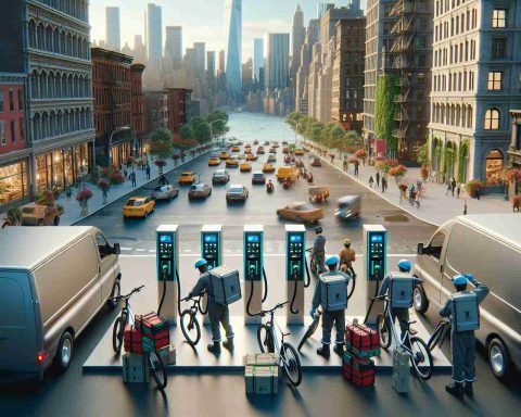 A high-definition, realistic image of an electric bicycle recharging station located in New York City. There are multiple e-bikes being charged simultaneously, reflecting a dedication to safety and efficiency in local transport. Around this station, you can see delivery workers of various descents such as Caucasian, Hispanic, Black, and South Asian donning their safety gear after a long day of labor. In the background, the diverse architecture of the city is visible, including high-rise buildings, the rush of busy streets, and vibrant city lights.