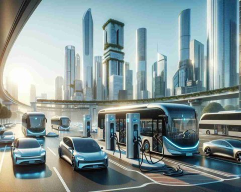 High-resolution realistic image that envisages the future of public transportation revolutionized by electric vehicles. Highlight a cityscape with modern, sleek electric buses and cars on the street. The city should have a clean, bright ambiance with clear skies reflecting the sustainable and clean energy usage. Also, include charging stations integrated seamlessly into the city's infrastructure, showcasing a harmony between technology and city planning. Main points of focus should ideally be the design of the vehicles, their interaction with the city, and the evident shift from conventional means to a more environment-friendly transportation system.