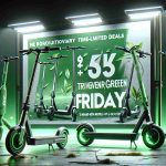 Render an HD image that realistically portrays a banner or promotion for a company named EcoRide. The banner announces their revolutionary, time-limited Green Friday deals on two brand new models of E-scooters. The e-scooters are displayed prominently, they're sleek, modern with details suggesting their eco-friendly nature, perhaps through green accents or symbols. The background conveys excitement and urgency, related to an upcoming sale event. The text on the banner announces the Green Friday deal and highlights the brand new models of E-scooters.