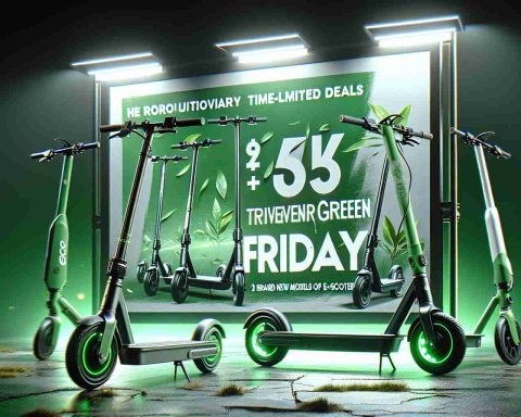 Render an HD image that realistically portrays a banner or promotion for a company named EcoRide. The banner announces their revolutionary, time-limited Green Friday deals on two brand new models of E-scooters. The e-scooters are displayed prominently, they're sleek, modern with details suggesting their eco-friendly nature, perhaps through green accents or symbols. The background conveys excitement and urgency, related to an upcoming sale event. The text on the banner announces the Green Friday deal and highlights the brand new models of E-scooters.