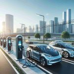 An ultra high-definition, lifelike image of a growing public charging infrastructure for electric vehicles. It could include a couple of modern electric cars lined up at the charging stations in an urban setting. The charging stations should appear sleek and innovative, reflecting the innovation of the technology behind them. The surrounding environment can consist of well-lit parks, cityscapes, or residential areas demonstrating a seamless blend of advanced technology and daily life. The scene could be set during the day with clear, sunny weather to emphasize the bright and sustainable future of electric vehicles.