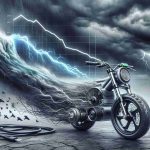 Create a detailed, high-definition image illustrating the concept of Bafang electric bike motors facing turbulent times due to decreasing sales. Convey this idea visually, perhaps with metaphoric elements such as stormy skies for turbulence and descending graphs or charts for the sales decline. The bike motors should be the central focus, perhaps looking worn or distressed.