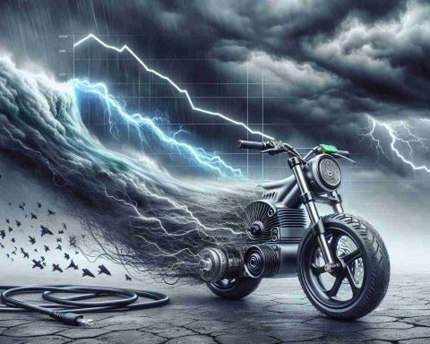 Create a detailed, high-definition image illustrating the concept of Bafang electric bike motors facing turbulent times due to decreasing sales. Convey this idea visually, perhaps with metaphoric elements such as stormy skies for turbulence and descending graphs or charts for the sales decline. The bike motors should be the central focus, perhaps looking worn or distressed.