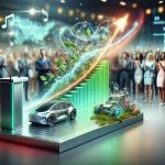 An image depicting the symbolism of shifting leadership and customer satisfaction in the Electric Vehicle Industry. Picture a wallpaper with a balanced mix of reality and metaphor. You see a detailed, intricate and vibrant graph showing customer satisfaction rising on one side. This graph is styled with green and electric sparks, embodying the essence of the Electric Vehicle. On the other side, is a stylishly futuristic metal podium, insinuating a change of leaders. Blurred in the background, are diverse, joyful customers of different DESCENTS and GENDERS. The image is rendered as a Hd realistic photo.