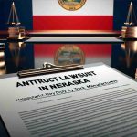 A realistic high-definition image representing the filing of an antitrust lawsuit in Nebraska. Visualize a formal document on top of a polished desk, with words indicating an antitrust lawsuit against heavy-duty truck manufacturers. The background features the Nebraska state flag. No specific person or manufacturer is named or depicted.