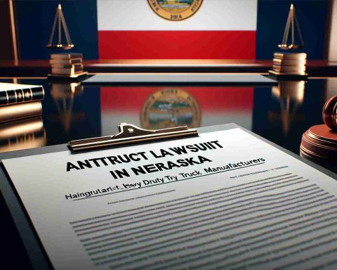 A realistic high-definition image representing the filing of an antitrust lawsuit in Nebraska. Visualize a formal document on top of a polished desk, with words indicating an antitrust lawsuit against heavy-duty truck manufacturers. The background features the Nebraska state flag. No specific person or manufacturer is named or depicted.