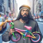 Create a realistic high-definition image showing a scene of an unidentified person sought for a peculiar incident involving a bicycle. The individual is of Middle-Eastern descent, depicted with an expressive face implying they're involved in some kind of unusual activity with a colorful, whimsical bicycle on a busy street.