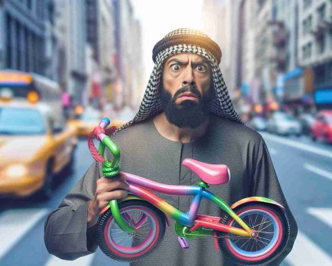 Create a realistic high-definition image showing a scene of an unidentified person sought for a peculiar incident involving a bicycle. The individual is of Middle-Eastern descent, depicted with an expressive face implying they're involved in some kind of unusual activity with a colorful, whimsical bicycle on a busy street.