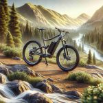 Depict a high-definition, realistic image of an affordable electric mountain bike in a wilderness setting. The terrain should be varied, possibly containing elements such as uneven trails, trees, mountains, and flowing water. There should be no one riding the bike. The bike itself should look sturdy and high-tech, with identifiable features of an electric bike such as a battery pack and an adjustable speed gearing system.