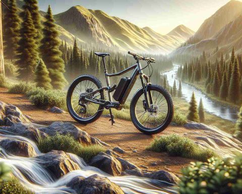 Depict a high-definition, realistic image of an affordable electric mountain bike in a wilderness setting. The terrain should be varied, possibly containing elements such as uneven trails, trees, mountains, and flowing water. There should be no one riding the bike. The bike itself should look sturdy and high-tech, with identifiable features of an electric bike such as a battery pack and an adjustable speed gearing system.