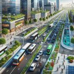 Detailed depiction of sustainable urban mobility, showcasing various eco-friendly commuting options in a bustling city environment, with high-definition realism. The scene includes key visuals like electric buses on the main road, cyclists on a bike lane, pedestrians walking on sidewalks, solar powered streetlights along the route, greenery on rooftops, and hybrid vehicles on the adjacent lanes. The cityscape is filled with modern structures accentuating their eco-friendly credentials such as solar panels, wind turbines atop buildings, and well-maintained parks with an array of diverse city dwellers going about their day.