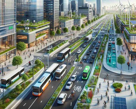 Detailed depiction of sustainable urban mobility, showcasing various eco-friendly commuting options in a bustling city environment, with high-definition realism. The scene includes key visuals like electric buses on the main road, cyclists on a bike lane, pedestrians walking on sidewalks, solar powered streetlights along the route, greenery on rooftops, and hybrid vehicles on the adjacent lanes. The cityscape is filled with modern structures accentuating their eco-friendly credentials such as solar panels, wind turbines atop buildings, and well-maintained parks with an array of diverse city dwellers going about their day.