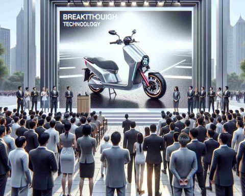 High-definition realistic image of a launch event in India where a new line of state-of-the-art electronic scooters by a renowned Japanese automobile company is being presented. The e-scooters should stand out with their sleek design and modern features, capturing the essence of breakthrough technology. Enthusiastic attendees, both men and women of diverse descents such as Caucasian, South Asian, and Middle-Eastern, look on in amazement at these revolutionary vehicles that radiate innovation and sustainability.