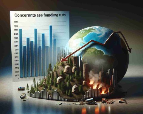 Create a high-definition, realistic image that visualizes the concept of concerns rising due to funding cuts threatening environmental projects. Depict a bar graph with downwards trend indicating reduction in funds allocated to environmental projects. Also, show a globe with signs of degradation such as deforestation and pollution that symbolize the endangered environmental projects. Make sure to create an atmosphere of concern and worry.