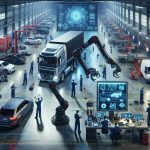 A high-definition realistic image showcasing the revolution of fleet maintenance with the use of advanced technology. The scene should depict a spacious garage with several vehicle types, including trucks, vans, and cars. In this well-lit environment, a mix of human mechanics of various descents and genders are interacting with cutting-edge tools and devices, diagnosing and repairing issues. Some workers are seen at touch-screen monitors displaying complex data, signifying telematics or other digital platforms. In one corner, a futuristic robotic arm is seen repairing a vehicle's engine, symbolizing the inclusion of artificial intelligence in fleet maintenance.