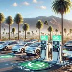 A realistic, high-definition image showcasing the growing electric vehicle charging infrastructure in California. The scene depicts a brightly-lit electric vehicle charging station with multiple charging ports, against the backdrop of palm trees and a clear blue sky. Several electric vehicles of different shapes, colors, and sizes are shown plugged-in and charging. The charging station sign prominently displays an eco-friendly symbol. In the distance, you can see sprawling hills and the silhouette of a cityscape, symbolizing the expansion of this infrastructure across the state.