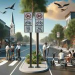 A high-definition, realistic scene depicting the implementation of stricter regulations on electric bikes and electric scooters in a town that looks similar to Pineville. The image should show visually effective signs indicating new rules for e-bike and e-scooter use, placed on well-trafficked roads. The roads are also marked with dedicated lanes for these electric vehicles. Citizens interacting with these signs - reading and discussing them, with diversity in their age, gender, and race - reflecting a mixed reaction to these new regulations.