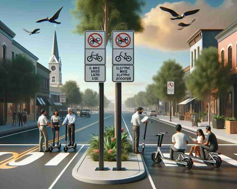 A high-definition, realistic scene depicting the implementation of stricter regulations on electric bikes and electric scooters in a town that looks similar to Pineville. The image should show visually effective signs indicating new rules for e-bike and e-scooter use, placed on well-trafficked roads. The roads are also marked with dedicated lanes for these electric vehicles. Citizens interacting with these signs - reading and discussing them, with diversity in their age, gender, and race - reflecting a mixed reaction to these new regulations.